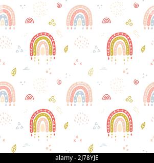 Seamless pattern with hand-drawn cute boho rainbows in pastel colors and with textural touches. Great for children's textiles, wallpaper, baby clothes Stock Vector