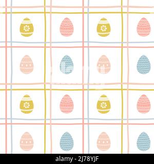 Seamless checkered pattern with hand-drawn pink and blue intersecting lines and decorated Easter eggs on a white background. Simple background for wra Stock Vector