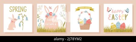 A set of Easter greeting cards in a cute cartoon style with handwritten inscriptions. Hand lettering, flowers, eggs, bunnies, basket with decorated eg