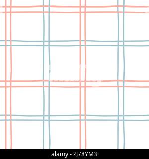 Seamless checkered pattern with hand-drawn pink and blue intersecting lines on a white background. Simple background for wrapping paper, home textiles Stock Vector