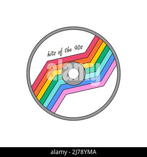 Compact audio disk with rainbow label. Musical equipment. CD icon, sign, symbol of 90s, 00s. Vector illustration with outline isolated on white backgr Stock Vector