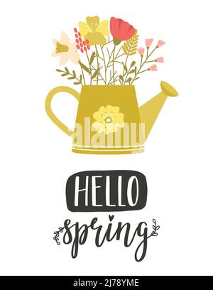 A card with a cute cartoon watering can and simple spring flowers, twigs and herbs. Hand lettering phrase - Hello spring. Color flat cartoon vector il Stock Vector