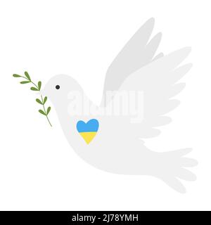 A white dove, a symbol of peace. A flying bird of the world holds a green twig in its beak. The heart is in colors of the Ukrainian flag. No war. Colo Stock Vector