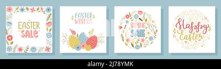 A set of square Easter greeting cards with hand lettering. With a flower frame with spring flowers, twigs, herbs, Easter eggs. Vector illustrations in Stock Vector