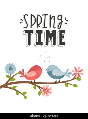 A card with cute lovebirds sitting on a branch with flowers, notes and hearts. A hand-drawn phrase - Springtime. Color flat cartoon vector illustratio Stock Vector
