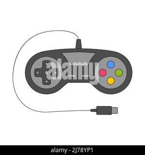 Vintage gamepad, joystick for playing video games. Retro equipment with a wire for the game. The symbol of the 90s. Nostalgia for the old days. Color Stock Vector