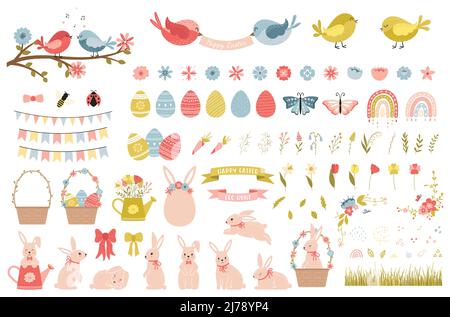 A set of cute decorative elements for Easter and spring. Flowers, birds, eggs, Easter bunnies, rainbows. Collection of cartoon decorative elements. Ve Stock Vector