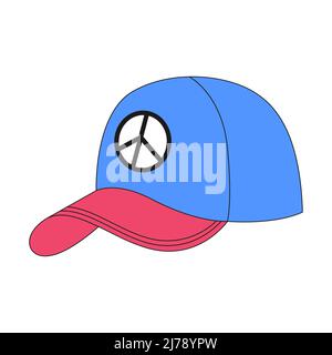A cap with a peace symbol. Baseball cap, hat, headware. Youth clothing item. A flat icon with an outline. Color vector illustration isolated on a whit Stock Vector