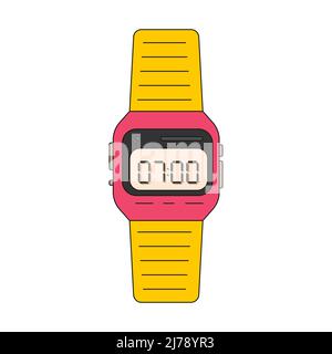 Retro electronic wrist watch. 7 o'clock on display. A wristwatch with a bracelet. Icon with an outline. Vector illustration isolated on white backgrou Stock Vector