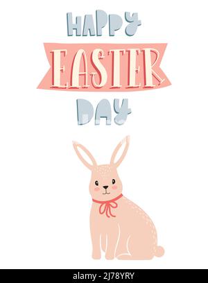 Easter greeting card with cute sitting pink Easter bunny and hand lettering phrase - Happy Easter day. Color flat cartoon vector illustration on white Stock Vector