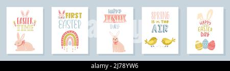 A set of Easter greeting cards with handwritten lettering phrases, cute rabbits, rainbows, chickens, decorated eggs. Easter time, spring is in the air