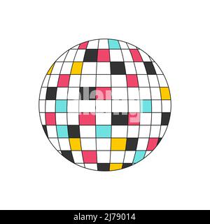 Disco ball. Disco equipment with mirrored and colored elements reflecting light. Retro decorative element. A flat icon with an outline. Color vector i Stock Vector