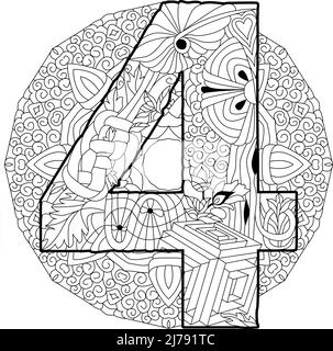 Four number on mandala Isolated zentangle illustration for coloring pages Stock Vector