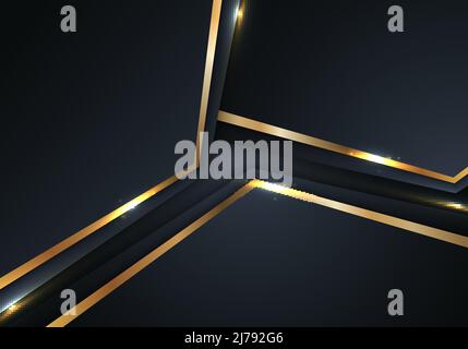 Luxury style template abstract 3D blue geometric shapes and golden stripes line with shiny lighting effect on dark blue background. Vector illustratio Stock Vector
