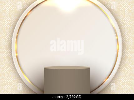 Abstract template elegant 3D brown cylinder podium golden circles backdrop with glow lighting effect on white background polka dot pattern. Luxury sty Stock Vector