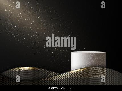Abstract elegant 3D white cylinder podium with black and gold wave lines and gold dust glitter on dark background. Luxury style. Vector illustration Stock Vector