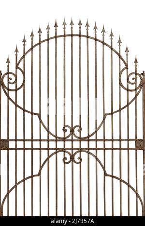 Rusty wrought iron gate with sharp points isolated on white background. Brescia, Lombardy, Italy, Europe. Stock Photo