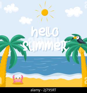 Summer postcard with seascape, palm trees, beach and toucan and crab. Square card Hello summer. Template for media and web. Vector illustration in a f Stock Vector