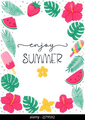 Rectangular summer card framed with bright hibiscus flowers, strawberries and tropical palm and monstera leaves. And the words - Enjoy the summer. Vec Stock Vector