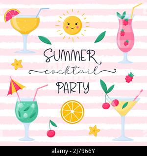 Summer cocktail party. A square postcard with different beach drinks with a straw and fruits, berries. A template for media with summer seasonal eleme Stock Vector