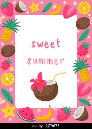 Sweet summer. A rectangular postcard with text and bright summer fruits, sweets and coconut cocktail. Seasonal sweet food, symbols of summer. Vector i Stock Vector