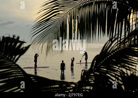 May 6, 2022, Koh Chang, Thailand: Tourists use paddleboards at sunset at Blue Haven Bay by Siam Royal View at Chang Noi Beach, Koh Chang Island in Trat province. Koh Chang is a popular tourist resort island situated about 350 km southeast of the capital, Bangkok. (Credit Image: © Paul Lakatos/SOPA Images via ZUMA Press Wire) Stock Photo