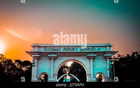 Chennai, Tamil Nadu, India - May 07 2022: View of Anna Memorial (in Tamil Language) near marina beach, Chennai, India. Memorial structure for ex chief Stock Photo