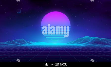 Retro landscape blue background. 3d vector background. Futuristic technology mountain landscape. Digital city neon 80s technology music background Stock Vector
