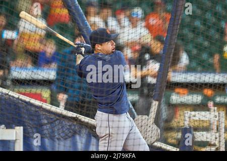 May 6 2022: Detroit shortstop Javier Lopez (28) during batting practice before the game with Detroit Tigers and Houston Astros held at Minute Maid Park in Houston Tx. David Seelig/Cal Sport Medi Stock Photo