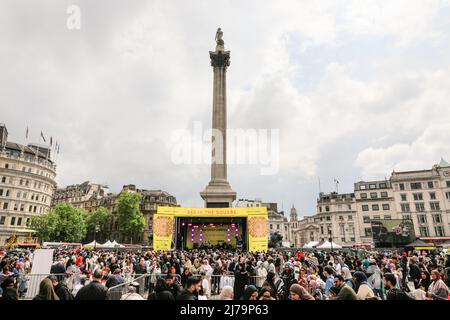 London, UK, 7th May 2022. Eid in the Square, a festival to that celebrates Eid al-Fitr and the end of Ramadan, returns for its 17th year to showcase the  Islamic inspired art and culture  with performances food and stalls from across the world lining the Square. Stock Photo