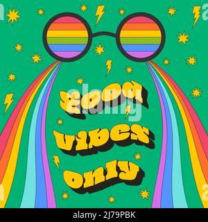 A square retro vintage card with the typographic phrase Good vibes only. Rainbow glasses and waves, stars with a stroke. Vector poster on a bright gre Stock Vector