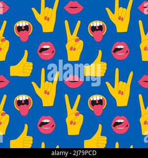 Seamless pattern with lips with tongue sticking out, gestures I love you, victory, okay. Elements with a stroke. Great for textiles, packaging paper. Stock Vector