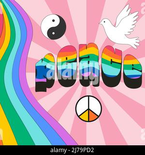 Square retro card with the typographic phrase Peace. Rainbow waves, a dove, a symbol of peace. Retro elements with a stroke. Vector poster on pink bac Stock Vector