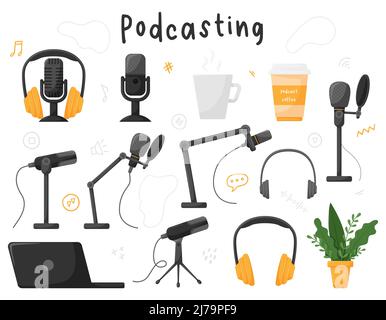 A set of elements for podcasting, blogging. Microphone, headphones, coffee cup, mug, microphone on the counter. Vector illustrations in a flat cartoon Stock Vector