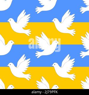 Seamless pattern with blue, birds, a symbol of peace. Elements with an outline on a blue-yellow background. Great for textiles, packaging paper. Color Stock Vector