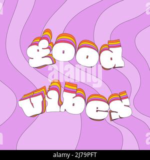 A square card with the typographic phrase Good vibes. Text illustration with a stroke. Vector poster on a bright striped background Stock Vector