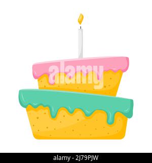 A festive birthday cake with dripping icing and a burning candle. Dessert, sweet food, pastries, a symbol of the holiday. Vector illustration in a fla Stock Vector