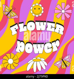 Square card with flowers and butterflies in retro doodle style. The typographic phrase Flower power. Color vector illustrations with a stroke on a bri Stock Vector