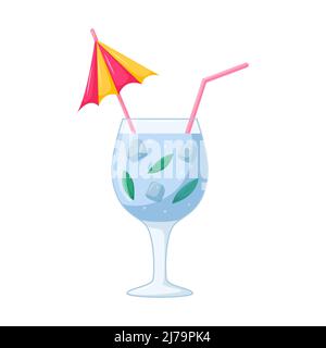 Summer beach ice cocktail. A refreshing mixed drink with ice cubes and mint leaves in a transparent wine glass with a straw. Healthy beverage in carto Stock Vector