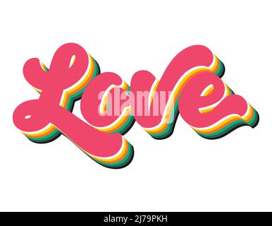 Typographic phrase Love. 3D lettering with volumetric letters, 80s-90s nostalgia, retro bulk text with multicolored layers. Vector illustration isolat Stock Vector