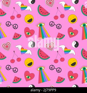 Seamless pattern with retro symbols of the 70s. Psychedelic eye, smiley face, cherries, peace symbol, watermelon,cherry. Great for textiles and wrappi Stock Vector