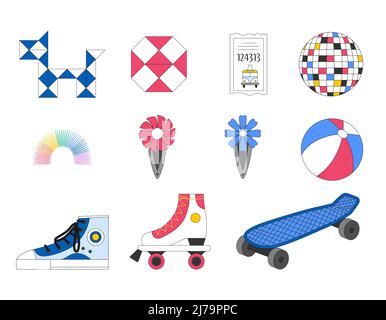 A set of symbols of the 90s, 2000s. Vintage, retro hairpins, toys, sneakers, roller skates. Puzzle,skateboard. Nostalgia for the old days. Color vecto Stock Vector