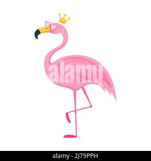 Cute pink flamingo in pink heart glasses and crown. A character, a bird stands with a bent leg. Vector illustration in a flat cartoon style isolated o Stock Vector