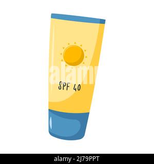 Sunscreen, suntan lotion. Summer protective cosmetic in a tube with a lid and an image of the sun. Vector illustration in a flat cartoon style isolate Stock Vector