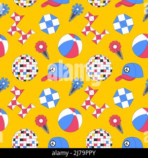 Seamless pattern with retro, vintage elements. Ball, puzzle, disco ball. Symbols of the 90s. Great for textiles and wrapping paper. Color vector illus Stock Vector