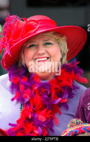 Women of the Red Hat Society celebrate on St. Patrick's' day in the USA, face Stock Photo