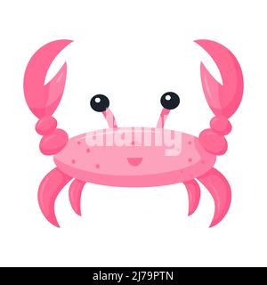 Pink crab with claws raised up. Cute character. Marine, aquatic animal. Vector illustration in a flat cartoon style isolated on a white background Stock Vector