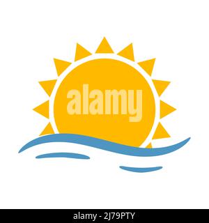 A simple sun with sea waves. Abstract sun with triangle rays. A symbol of summer, weather. Logo, simple vector illustration in a flat cartoon style is Stock Vector