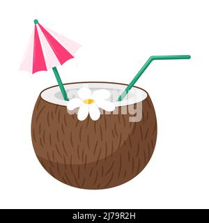 Coconut cocktail with straw, umbrella and flower. A beach summer refreshing drink. A symbol of a beach party. Vector illustration in a flat cartoon st Stock Vector