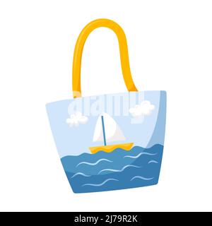 A beach bag with a landscape, with the sea and a ship. A sailboat on the waves of the sea. Vector illustration in a flat cartoon style isolated on a w Stock Vector